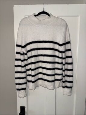 Bailey 44 White and Black Striped Fuzzy Turtleneck Sweater